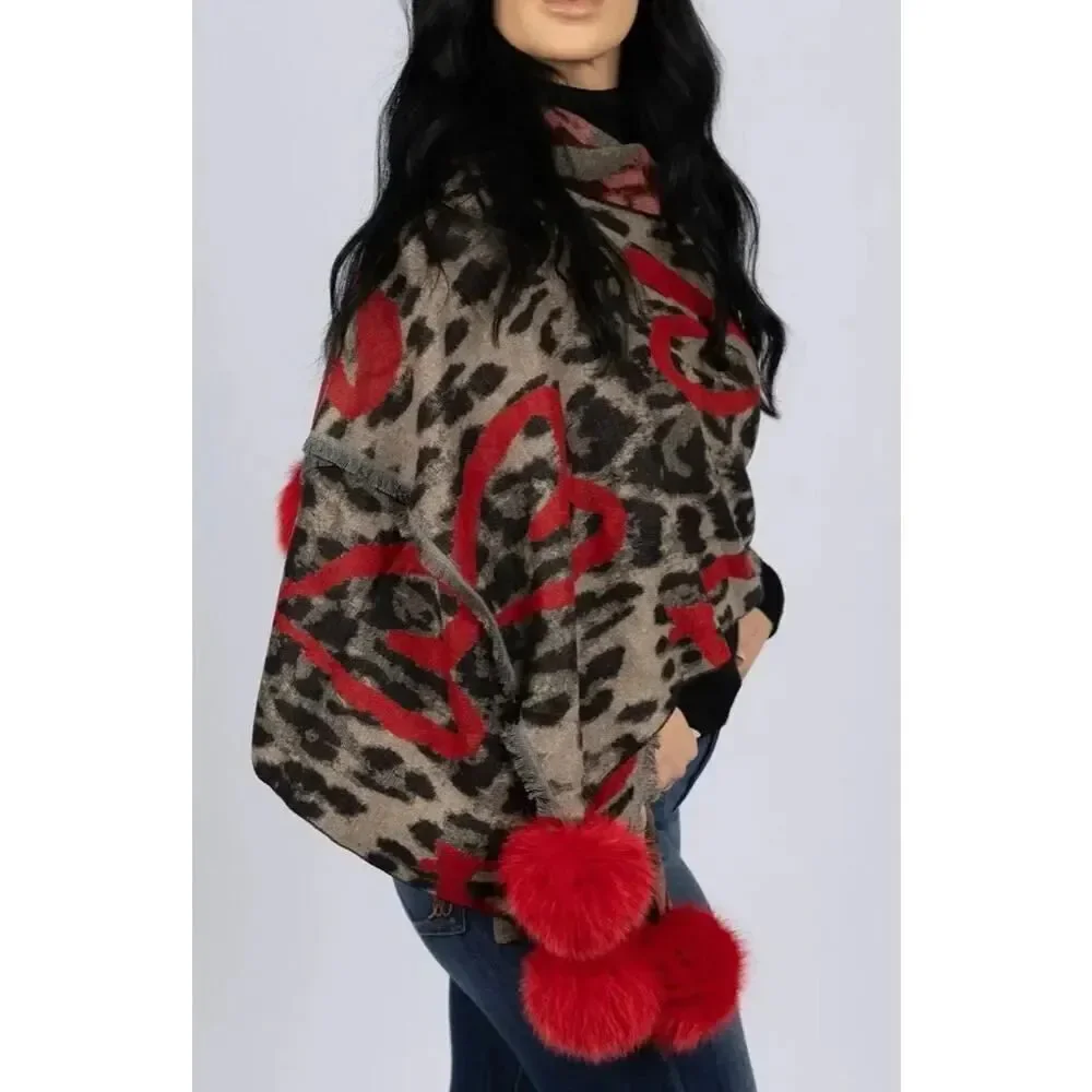 LaBelle Furs Wide Woven Leopard Print Heart Scarf with Fox Pom Poms